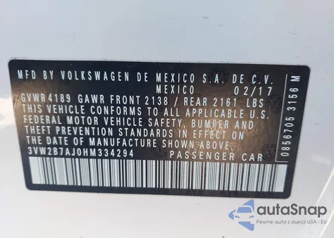 2017 Volkswagen Jetta 1.4T S из США, поврежденный, VIN 3VW2B7AJ0HM334294